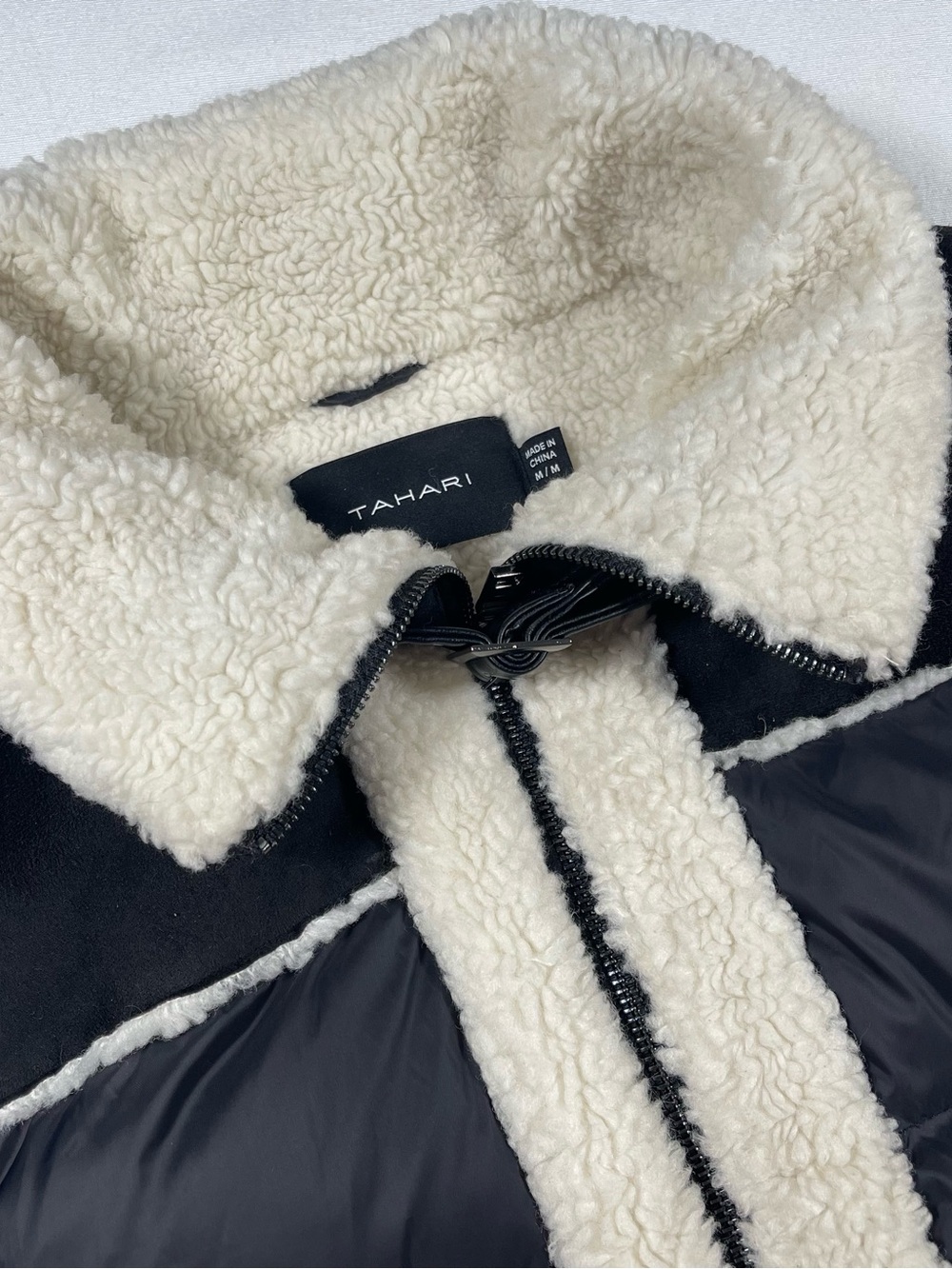 Tahari Black Puffer Jacket with Cream Sherpa Trim